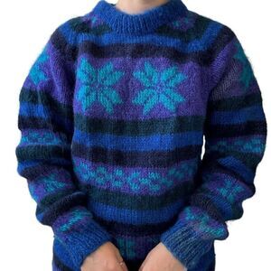 Vintage Hand Knit Wild and Wooly Blue Snowflake Mohair Chunky Sweater Sz L